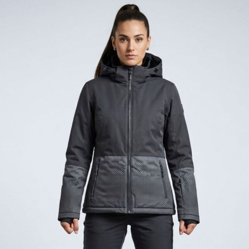 Killtec Ski Jacket Womens Medium Grey Black Waterproof Windproof Hooded Parka Co